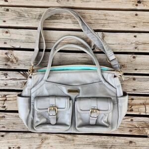 Lily Jade Elizabeth Silver Gray Leather Diaper Bag Convertable Tote Gold Classy